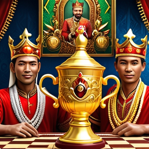 **Image Prompt:** A vibrant and exciting Royal Match King's Cup tournament scene. Players are intensely focused, strategizing and competing. Golden crowns and exclusive avatars are prominently displayed as rewards. Capture the thrill and anticipation of this event. The style should be colorful and reflect the competitive spirit of Royal Match, with maybe a hint of traditional Malaysian "pertandingan" (competition) atmosphere.