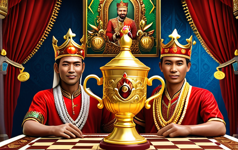 **Image Prompt:** A vibrant and exciting Royal Match King's Cup tournament scene. Players are intensely focused, strategizing and competing. Golden crowns and exclusive avatars are prominently displayed as rewards. Capture the thrill and anticipation of this event. The style should be colorful and reflect the competitive spirit of Royal Match, with maybe a hint of traditional Malaysian "pertandingan" (competition) atmosphere.