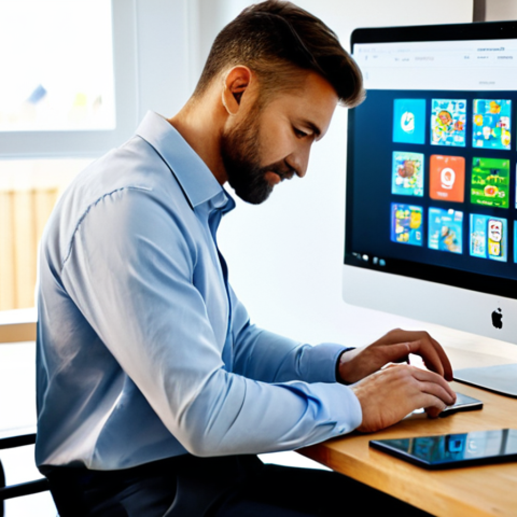 A professional male blogger, mid-30s, wearing a modest collared shirt and smart casual pants, deeply focused while typing on a sleek laptop at a modern wooden desk. A smartphone displaying a vibrant puzzle game interface rests beside the laptop. The background is a contemporary home office with a blurred bookshelf and a motivational poster. Soft, natural light fills the room, creating a calm and productive atmosphere. safe for work, appropriate content, fully clothed, professional dress, perfect anatomy, correct proportions, natural pose, well-formed hands, proper finger count, natural body proportions.