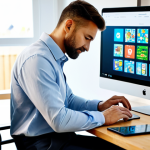 A professional male blogger, mid-30s, wearing a modest collared shirt and smart casual pants, deeply focused while typing on a sleek laptop at a modern wooden desk. A smartphone displaying a vibrant puzzle game interface rests beside the laptop. The background is a contemporary home office with a blurred bookshelf and a motivational poster. Soft, natural light fills the room, creating a calm and productive atmosphere. safe for work, appropriate content, fully clothed, professional dress, perfect anatomy, correct proportions, natural pose, well-formed hands, proper finger count, natural body proportions.