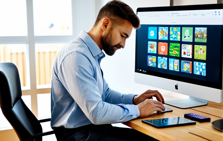 A professional male blogger, mid-30s, wearing a modest collared shirt and smart casual pants, deeply focused while typing on a sleek laptop at a modern wooden desk. A smartphone displaying a vibrant puzzle game interface rests beside the laptop. The background is a contemporary home office with a blurred bookshelf and a motivational poster. Soft, natural light fills the room, creating a calm and productive atmosphere. safe for work, appropriate content, fully clothed, professional dress, perfect anatomy, correct proportions, natural pose, well-formed hands, proper finger count, natural body proportions.