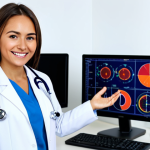 **

A young female doctor in a clean, bright hospital office, wearing a white coat and stethoscope, fully clothed in professional attire, smiling warmly. A computer monitor and medical charts are visible in the background. Safe for work, appropriate content, perfect anatomy, natural pose, well-formed hands, proper finger count, high quality, family-friendly.

**