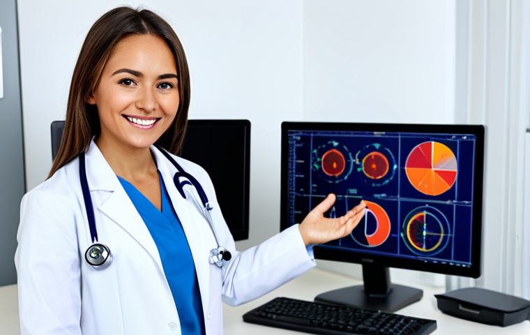 **

A young female doctor in a clean, bright hospital office, wearing a white coat and stethoscope, fully clothed in professional attire, smiling warmly. A computer monitor and medical charts are visible in the background. Safe for work, appropriate content, perfect anatomy, natural pose, well-formed hands, proper finger count, high quality, family-friendly.

**