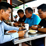 로얄매치 특별 미션 달성법 - A determined Royal Match player, **fully clothed** in casual attire, sitting at a mamak stall, dilig...
